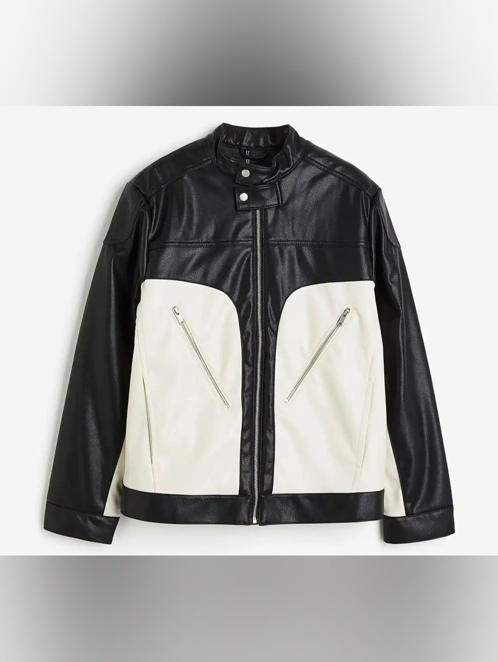 NWOT H&M Divided Faux Leather Racer Moto Jacket Black & White Size XL